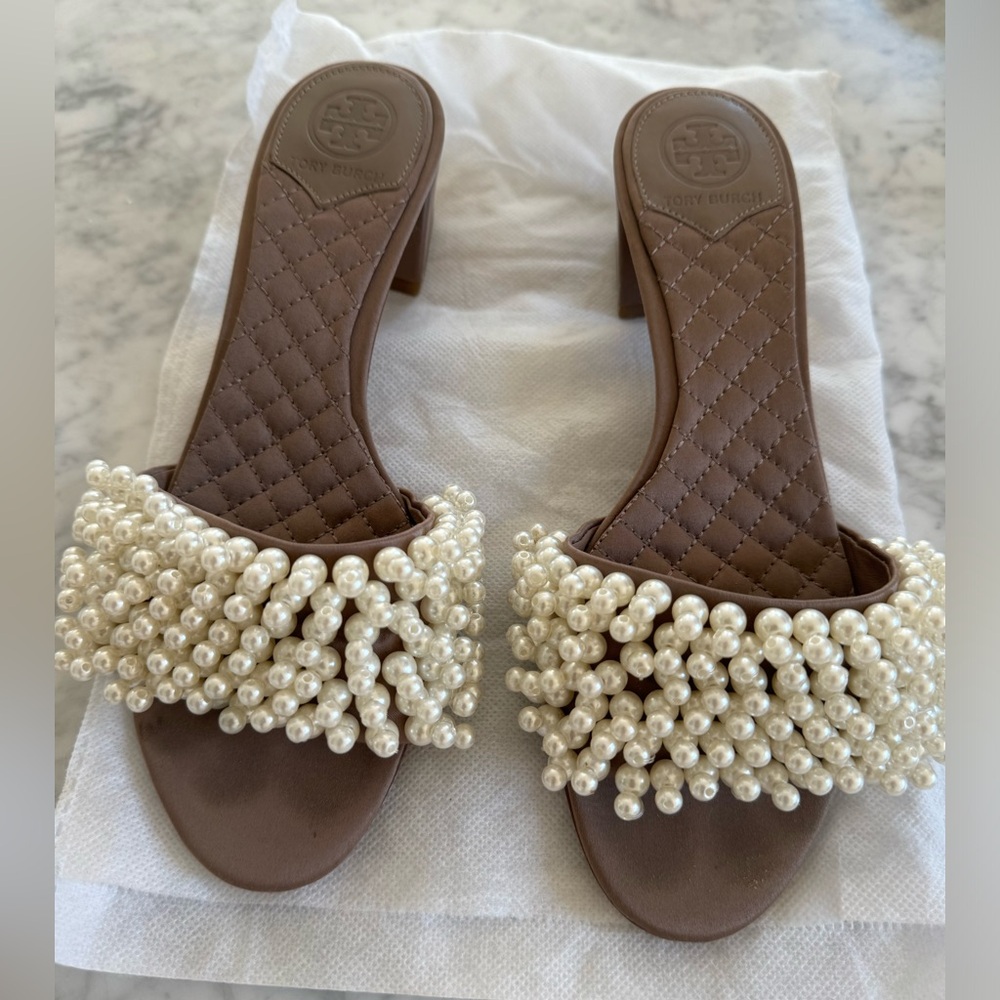 Tory Burch Brown Pearl-Embellished Block Heel Sandals